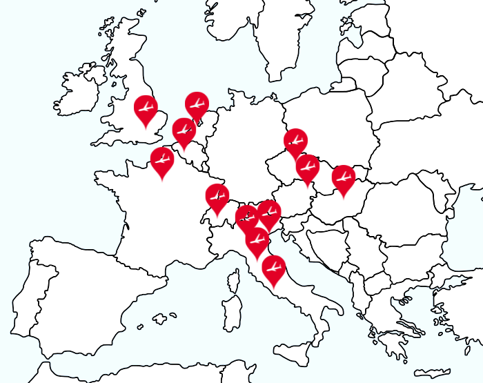 Carte des points où nous pouvons vous amener à votre voyage Simplon Venise Orient Express en jet privé.